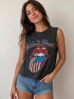 Rolling Stones Graphic Tank Top XS Black USA Tongue Lips Band Tee